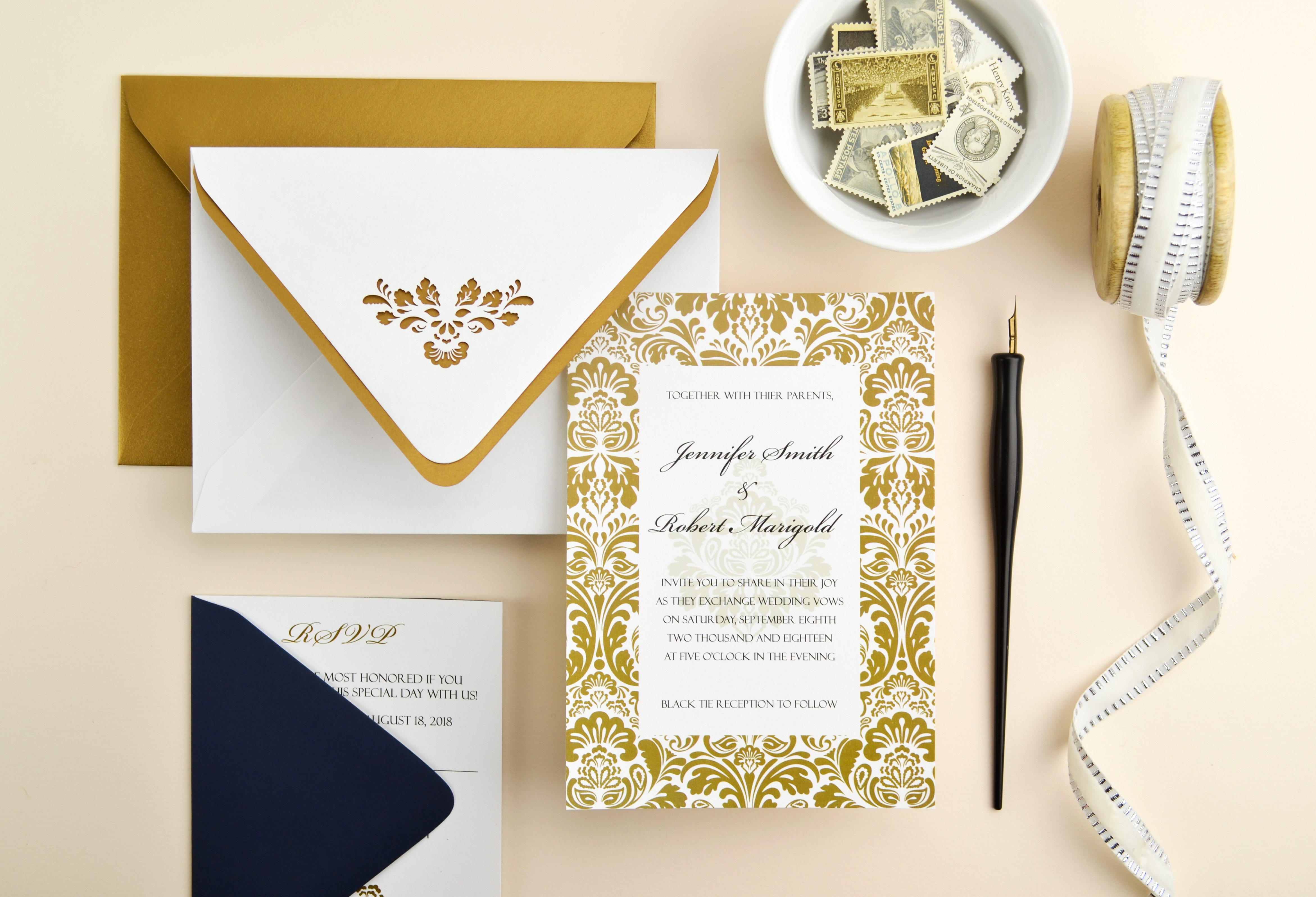 Elegant Navy Gold Damask Wedding Invitation Cards Pockets