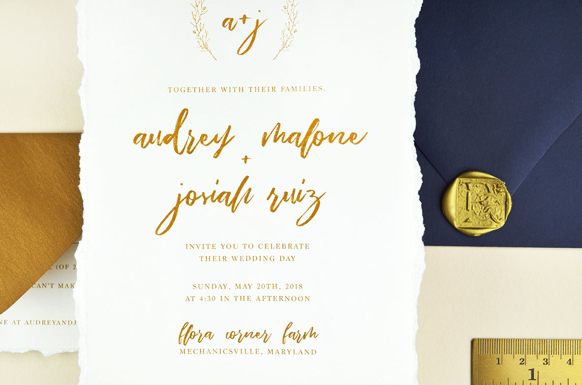 DIY-Hand-Torn-Paper-Wedding-Invitations-Gold-Navy-Wax-Seal