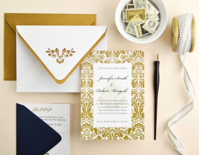 Elegant Navy &amp; Gold Damask Wedding Invitation - Cards &amp; Pockets Design