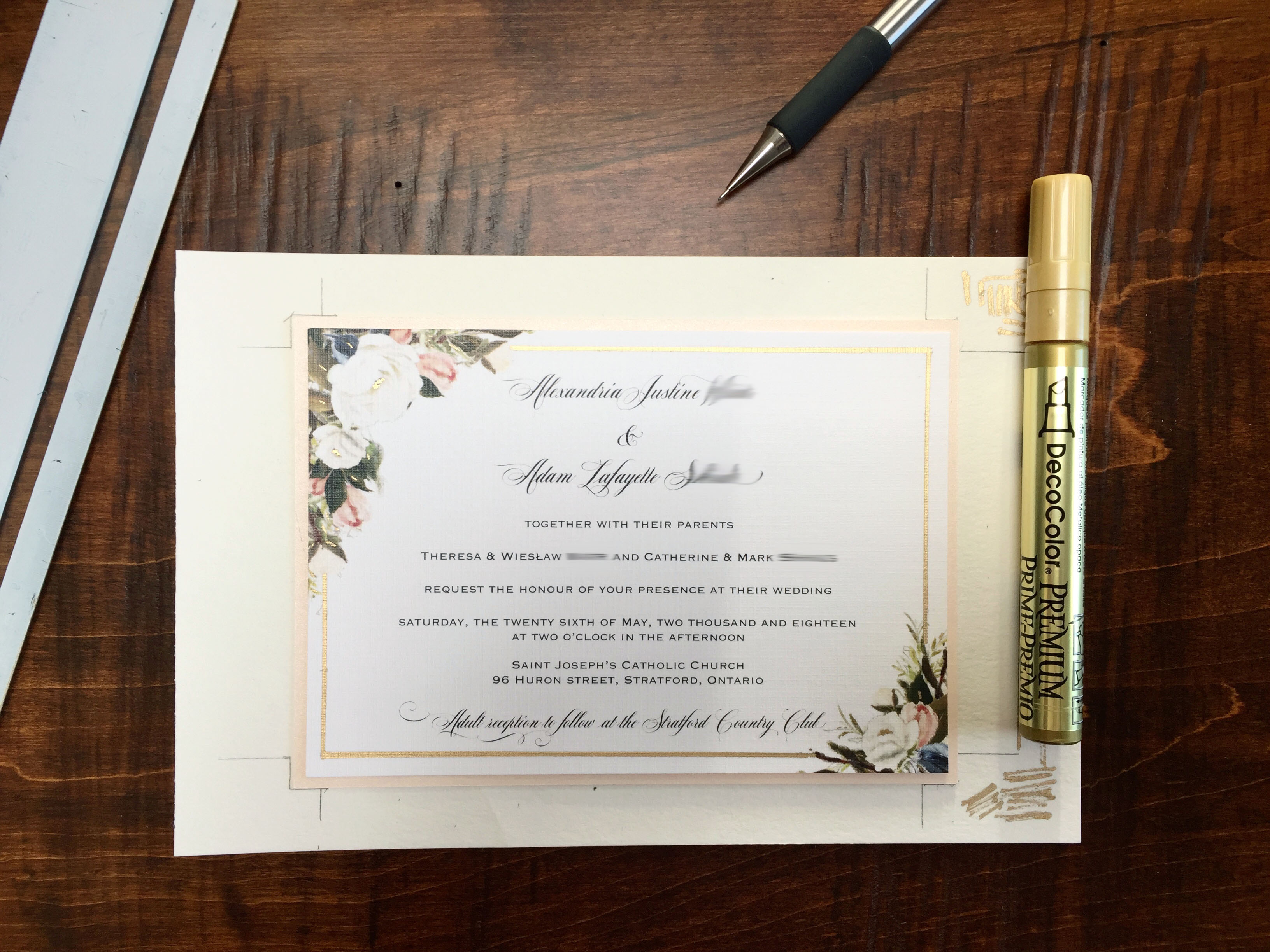 DIY-wedding-invitations-gold-leaf-pen-accents-blurred